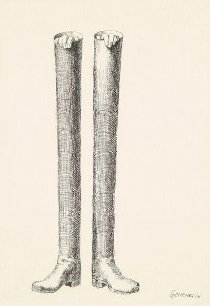 Jean GOURMELIN (né en 1920) Les bottes Encre. Signée en bas à droite. 32 x 23 cm