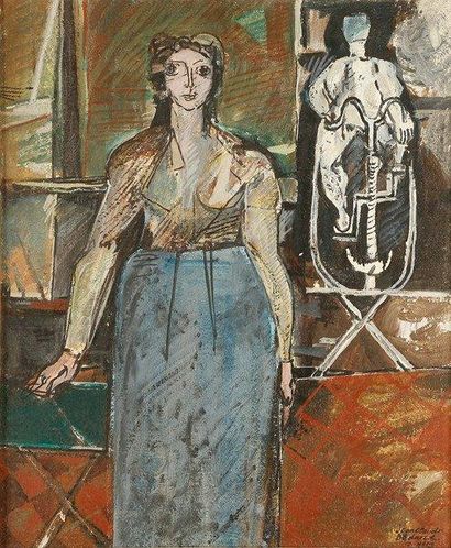 Jean - Claude BEDARD (1928 - 1987) Femme dans l'atelier, 1953 Huile sur toile. Signée...