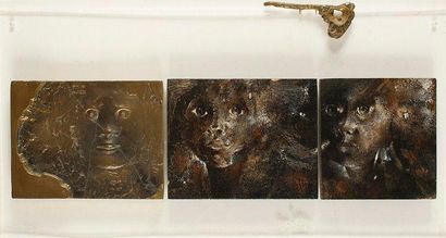 René JULIEN (né en 1937) Au miroir d'or Triptyque composé d'une plaque en bronze...