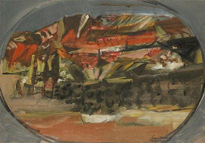 Jean - Claude BEDARD (1928 - 1987) Paysage rouge aux cyprès, 1953 Huile sur toile....