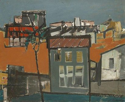 Jean - Claude BEDARD (1928 - 1987) Paysage urbain, 1955 Huile sur toile. Signée et...