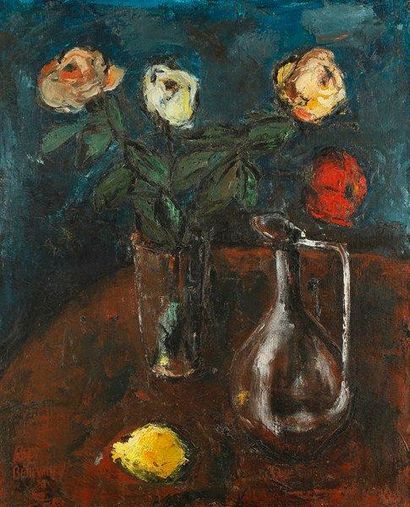 Roger BENEVANT (né en 1930) Nature morte aux roses, 1958 Huile sur toile. Signée...