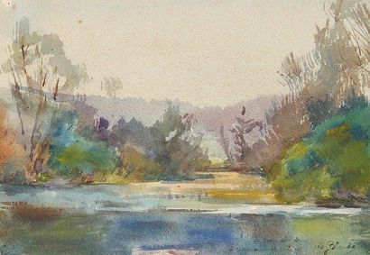Max BLONDAT (1872 - 1926) La rivière Aquarelle. Signée en bas à droite. 17 x 24 ...