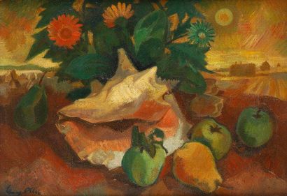 Yves ALIX (1890 - 1969) Fruits et Soucis, 1942 Huile sur toile. Signée en bas à gauche....