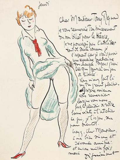 André DIGNIMONT (1891-1965) L.A.S. avec dessin, et dessin original signé, à Tony...