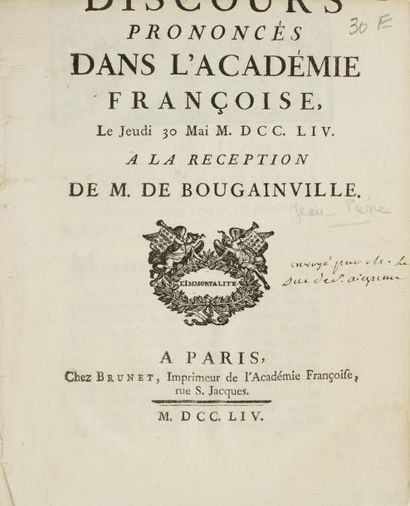 ACADEMIE FRANCAISE Jean-Pierre de bougainville (1722-1763). Discours prononcés dans...