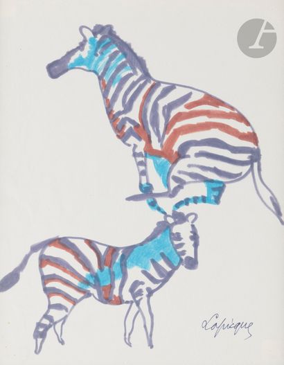 null Charles LAPICQUE (1898-1988)
Étude de zèbres
Feutres de couleur.
Signé en bas...