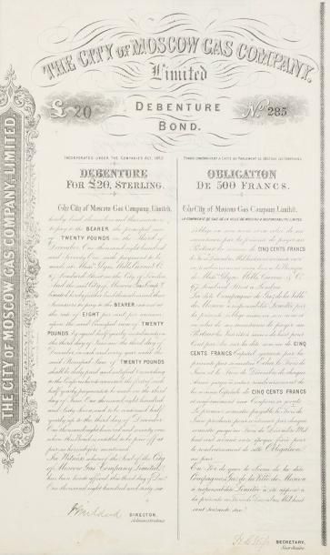 The CITY OF MOSCOW GAS COMPANY obligation, 1866 ; 42,5 x 25 cm. En 1812, Londres...