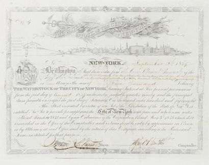 The WATER STOCK OF THE CITY OF NEW-YORK obligation, New York 1839 ; 22,5 x 27,5 cm...
