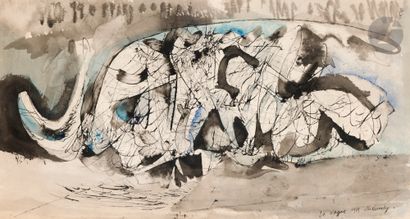  Pierre ALECHINSKY (né en 1927)
La Vague, 1954
Encre, lavis d’encre et aquarelle.
Signée,... Gazette Drouot