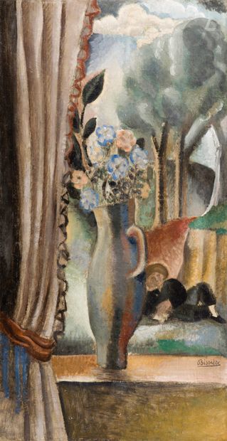  Roger BISSIÈRE (1886-1964)
Fenêtre ouverte au bouquet de fleurs
Huile sur toile.
Signée... Gazette Drouot
