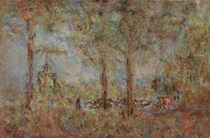 Paul KRON (1869-1936) La halte au moulin.Huile sur toile.Non signée.27 x 41 cm