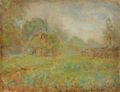 Paul KRON (1869-1936) Étable au fond du pré.Huile sur toile.Non signée.46 x 61 c...