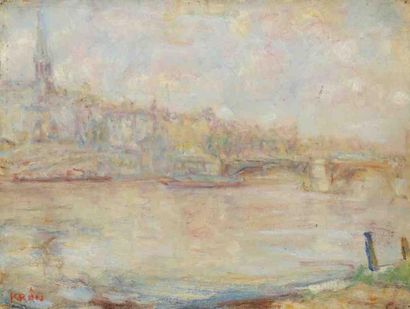 Paul KRON (1869-1936) Pont sur la Seine.Huile sur toile.Signée en bas à gauche.46...