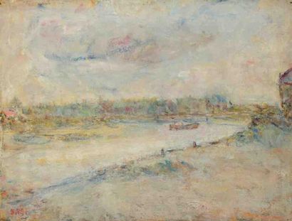 Paul KRON (1869-1936) Péniche sur le fleuve.Huile sur toile.Signée en bas à gauche.46...