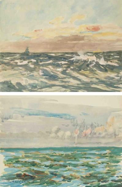 Bernard LACHEVRE (1885-1950) Études de mer Deux gouaches. L'une signée en bas à gauche....