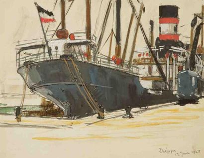 Bernard LACHEVRE (1885-1950) Cargo Birkenfels Bremen, Dieppe, 1927 Gouache. Non signée....
