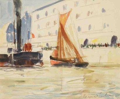 Bernard LACHEVRE (1885-1950) Bateaux au port Aquarelle. Signée en bas à droite. 19...
