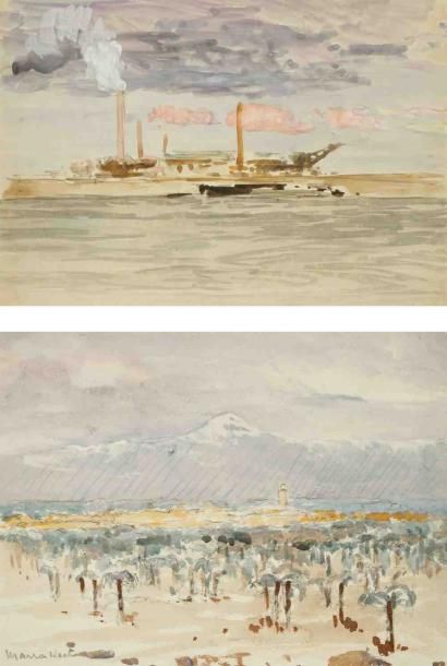 Bernard LACHEVRE (1885-1950) Usines - Vue de Marrakech Deux aquarelles. Non signées....