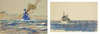 Bernard LACHEVRE (1885-1950) Navire en mer Deux aquarelles et gouaches. Non signées....