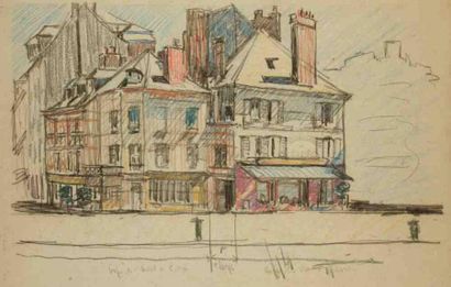 Bernard LACHEVRE (1885-1950) Honfleur, café du vieux bassin Crayon gras. Non signé....