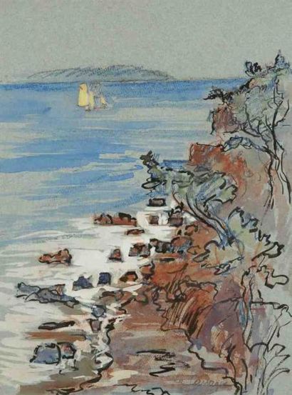 Bernard LACHEVRE (1885-1950) La Carraque Aquarelle, gouache et encre sur papier bleu....