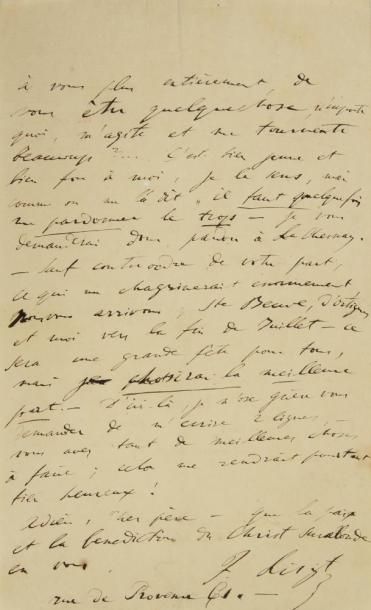 Franz liszt (1811-1886) L.A.S., [mai 1834], à Félicité de Lamennais; 3 pages in-8....