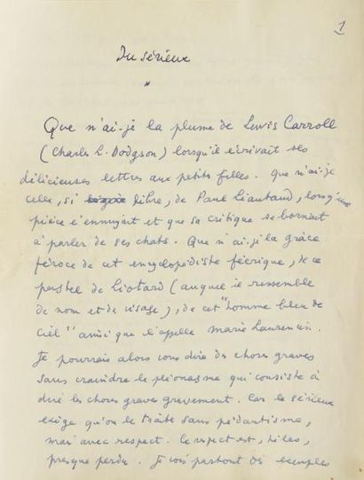 Jean COCTEAU (1889-1963) Manuscrit autographe signé, Du sérieux, [1961]; 13 pages...