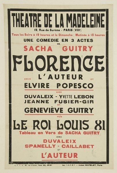 null [Sacha GUITRY]. Affiche pour Florence au Théâtre de la Madeleine, 1939. Impr....