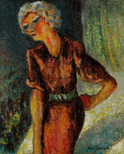 Henri GARROUSTE (1890-?) La Chanteuse, 1964 Huile sur toile. Signée en bas à droite....