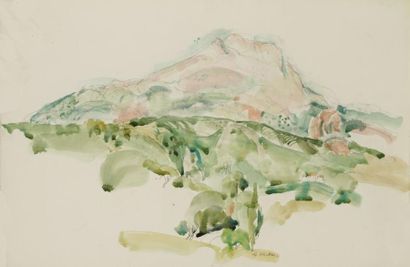 G. HUBER (XXe siècle) Paysage montagneux Aquarelle. Signée en bas à droite. 57 x...