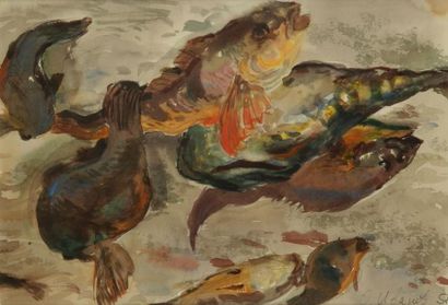 Oleg IVANOV (1937-1981) La Pêche miraculeuse, 1957 Aquarelle. Signée et datée en...