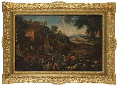 Cajetan ROOS (Rome 1690 - Vienne 1770) Scène de bergers dans un village Toile. 39,5...