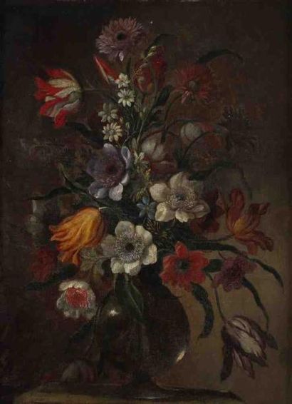 Ecole Italienne du XVIIIe siècle Bouquet de fleurs Toile. 60,5 x 45 cm Usures et...