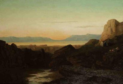 Louis Noël VALANCIENNE (Paris 1827-1885) Paysage oriental au crépuscule Sur sa toile...