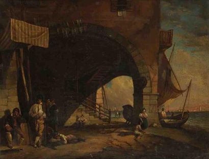 Eugénio BOSA (Venise 1807-1875) Farniente sur le port Sur sa toile d?origine. 28,5...