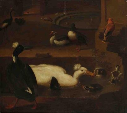 Attribué à Adriaen van OOLEN (1651-1694) Canards dans une fontaine Toile. 76,5 x...
