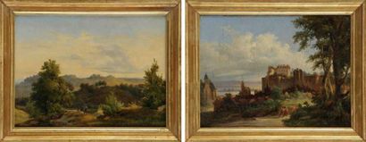 Charles Caïus RENOUX (Paris 1795-1846) Promeneurs dans un paysage de collines Couple...