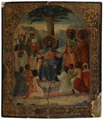null Icône russe du XIXe siècle. Elle représente le Christ au centre assis sur un...