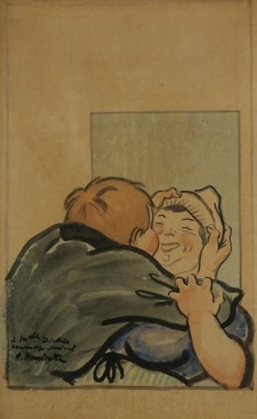 Augustin HANICOTTE (1870-1957) Le baiser. Encre et aquarelle. Signée et dédicacée...