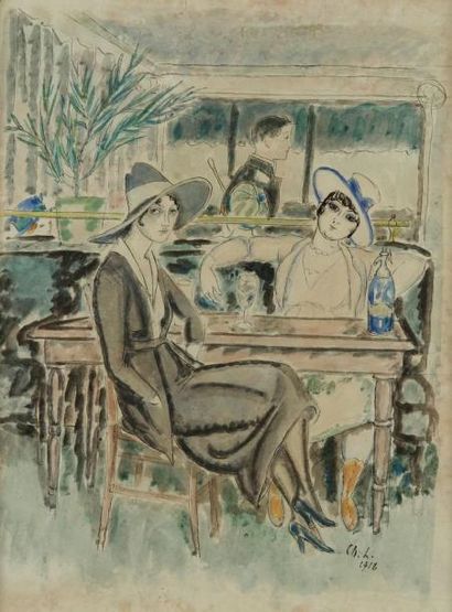 Charles LABORDE dit CHAS-LABORDE. (1886-1941) Elégantes au Café de Flore, 1918. Aquarelle....