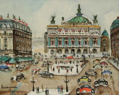 Lucien GENIN (1894-1953) Paris, place de l?Opéra. Aquarelle gouachée. Signée en bas...