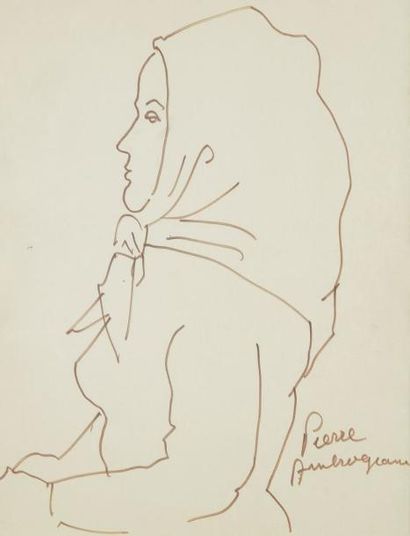 Pierre AMBROGIANI (1907-1985) Femme de profil au fichu. Dessin au stylo feutre. Signé...