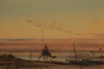 Louis-Amable CRAPELET (1822-1867) Paysage orientaliste animé, 1865. Aquarelle et...