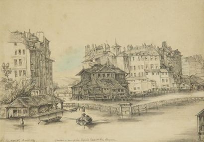 Armand Gustave HOUBIGANT. (Paris 1790 - 1863) Vue du pont des Bergues à Genève. Dessin...