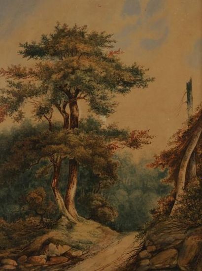 William Louis I SONNTAG (1822-1900) Le chemin dans la forêt, 1840. Aquarelle. SIgnée...