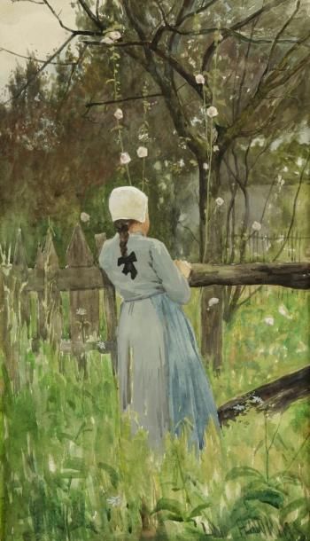 Louis-Welden HAWKINS (1849-1910) Jeune fille à la barrière. Aquarelle et gouache....
