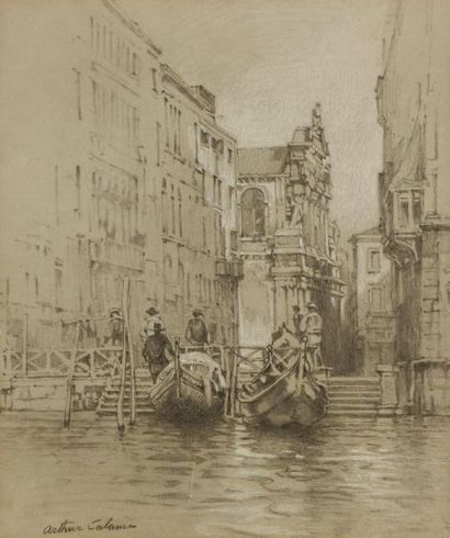 Arthur Calame (1843-1919) Vue de Venise. Dessin au crayon. Signé en bas à gauche....