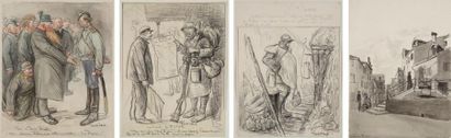 Ricardo FLORES (1878-1918) Guerre 1914-18 (3) - Venise. Quatres dessins au fusain...
