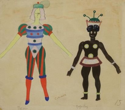 GEORGES VALMIER (1885-1937) Tabarin et Négrillon - Projet de costumes pour «La Farce...